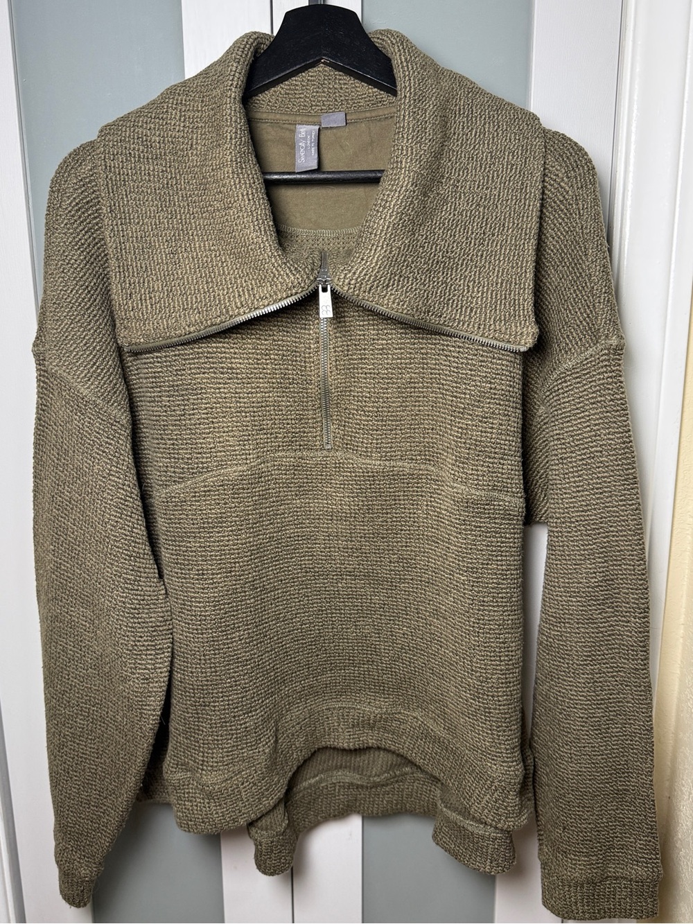Sweaty Betty Olive Green Bouclé Half-Zip Funnel Neck Sweater US 10